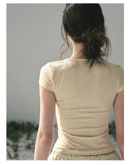 “Sheer Spring Whisper” Milkshake Yellow Twist V-Neck Top
