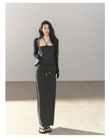 AOMALM - Whale Gray Convertible Knit Tube Top & Maxi Skirt Set