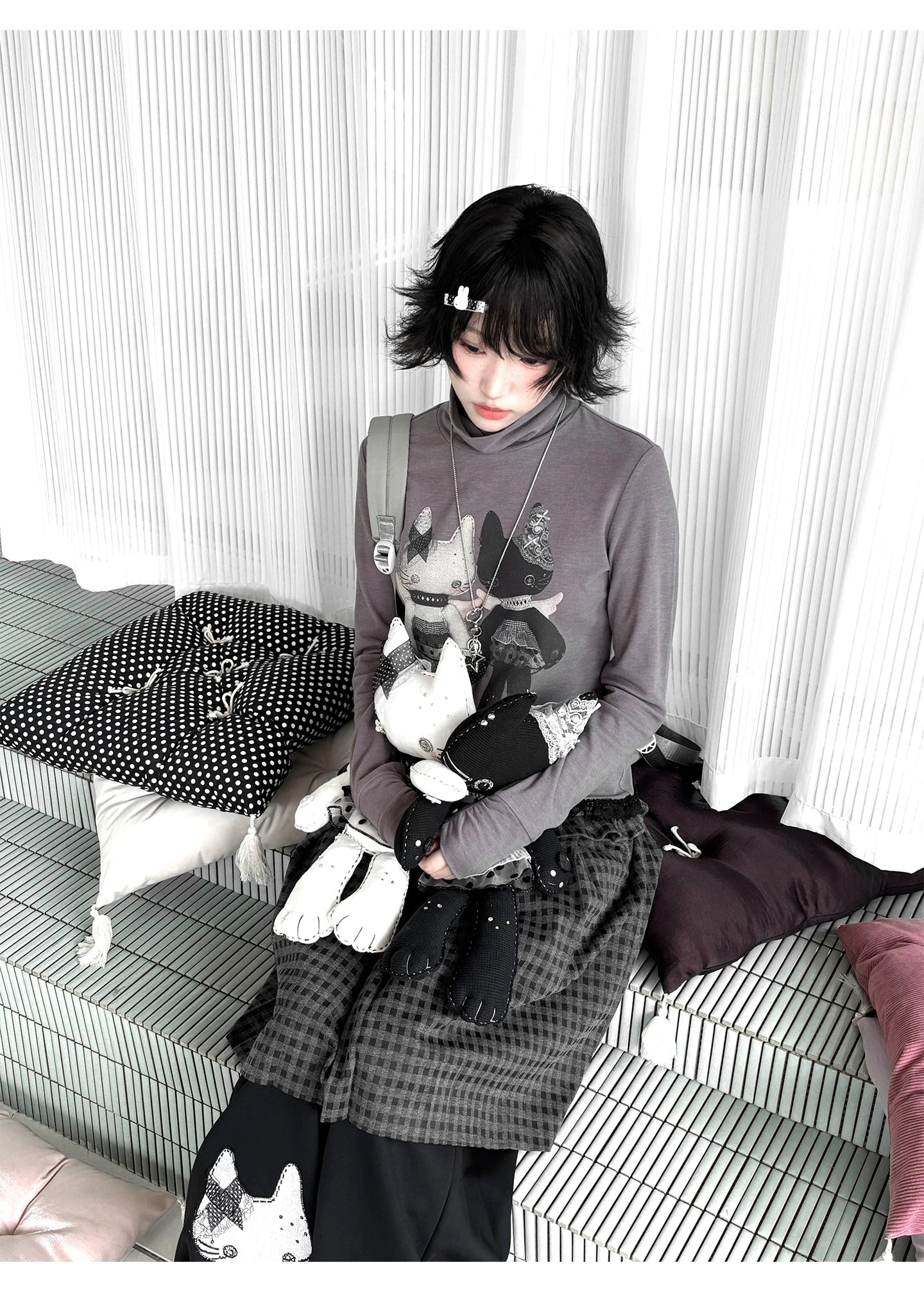 "Forgotten Corner" Mock Neck Gray Base Layer Top & Black Gray Plaid Skirt Set