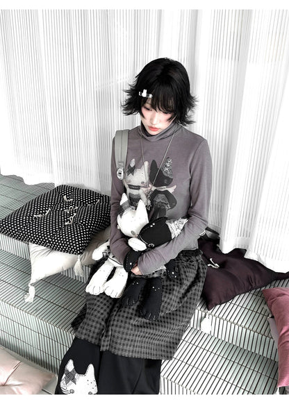 "Forgotten Corner" Mock Neck Gray Base Layer Top & Black Gray Plaid Skirt Set