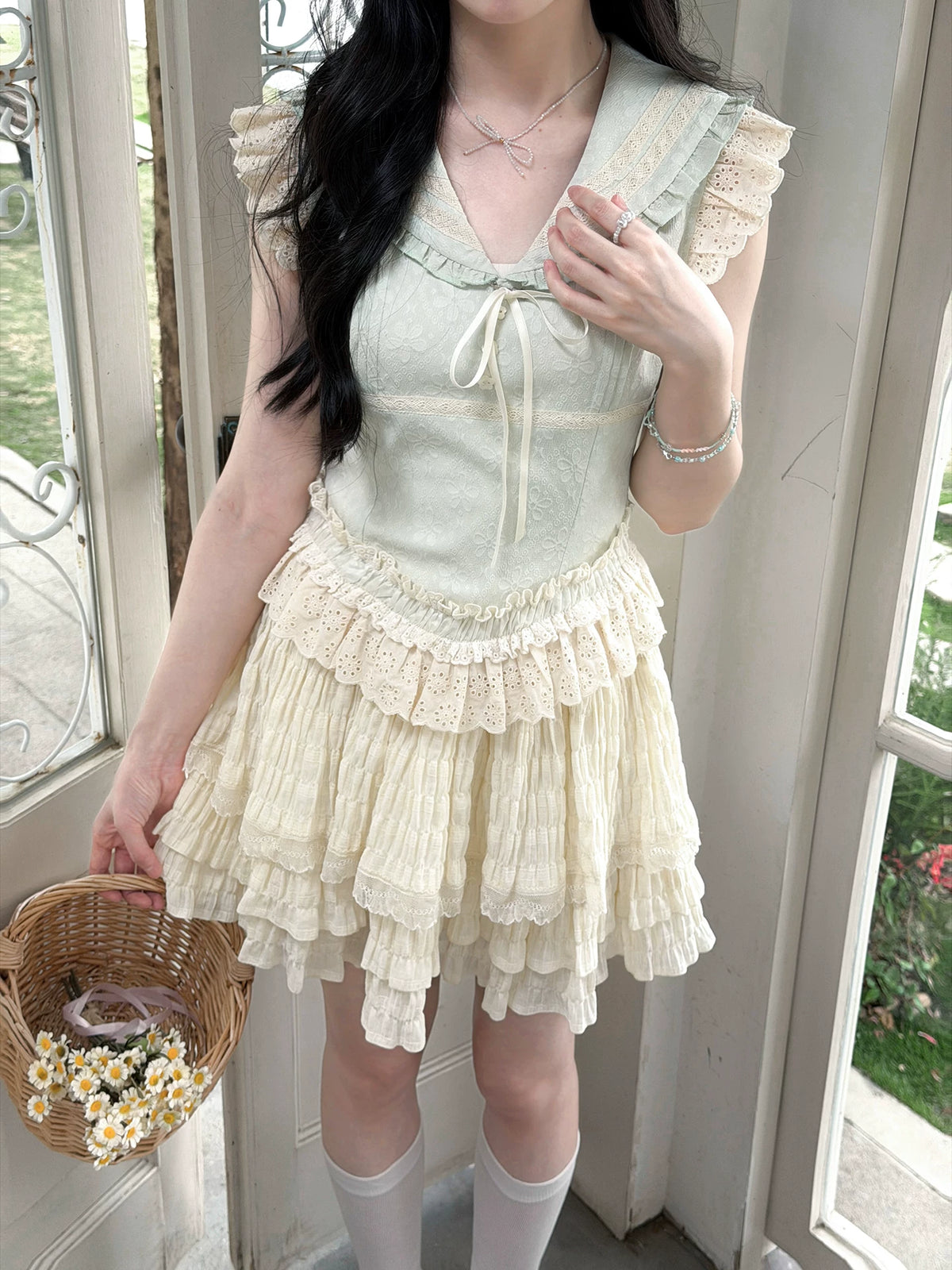 "Blooming Branches" Vintage Forest Collection (Mint Green Sailor Blouse / Oat Beige Tiered Skirt)