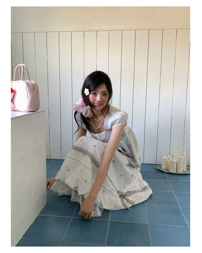 “Misty Isle White Tea” Grey White Polka Dot Skirt Set