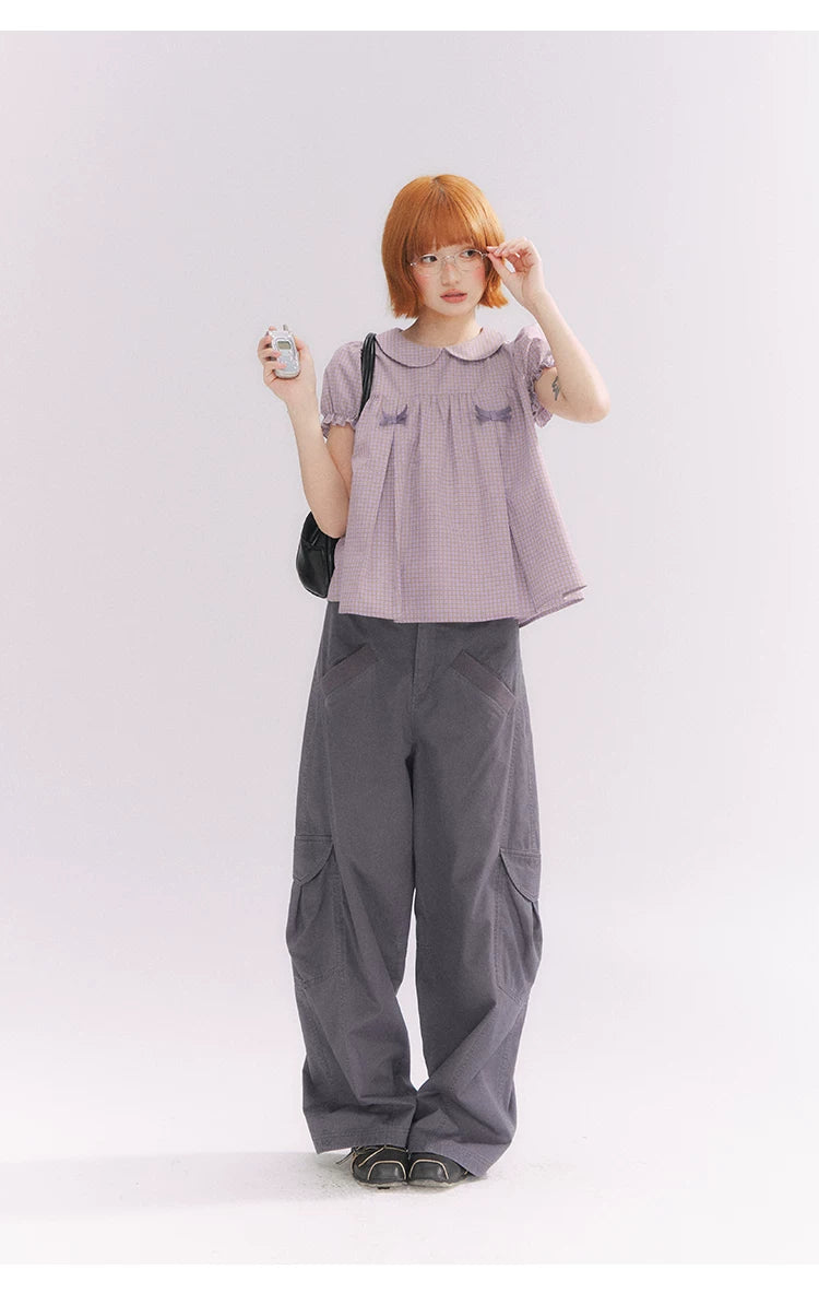 “Taro Milk Candy” Purple Plaid Bow Peter Pan Collar Puff Sleeve Blouse