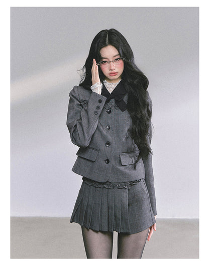 少也眼 “Maxiny Reverie” French Academia Jacket & Pleated Skirt Set