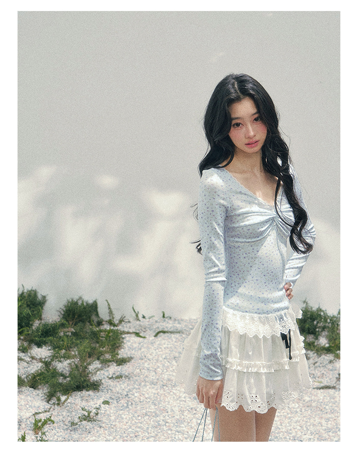 少也眼 "Heartbeat Pause" Baby Blue Back Lace Cut-Out Top 53685634