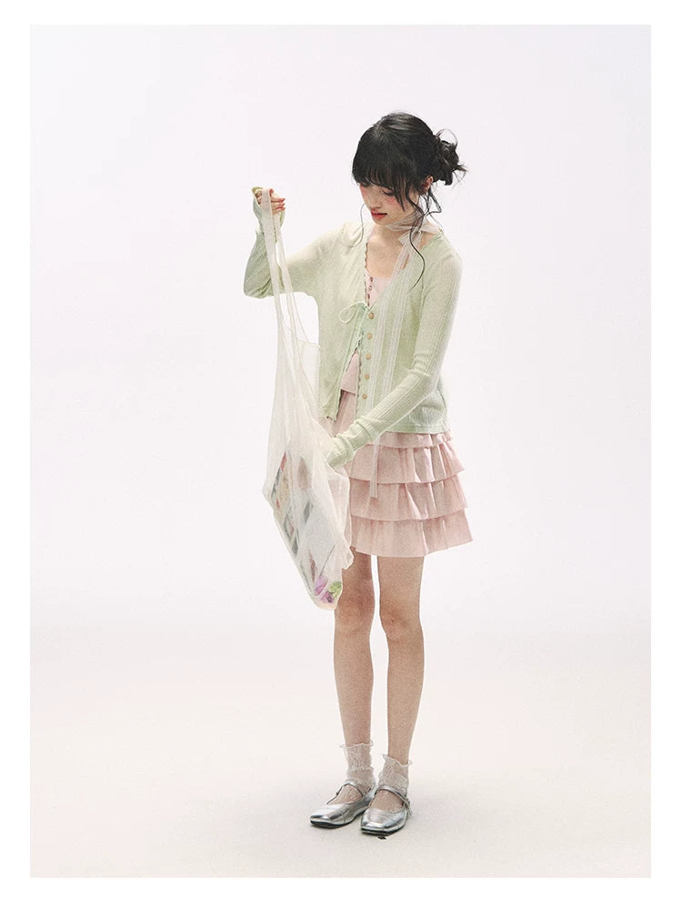 "Comfort Corner" Tie-Front Knit Cardigan (Melon Green/ Peacock Blue)