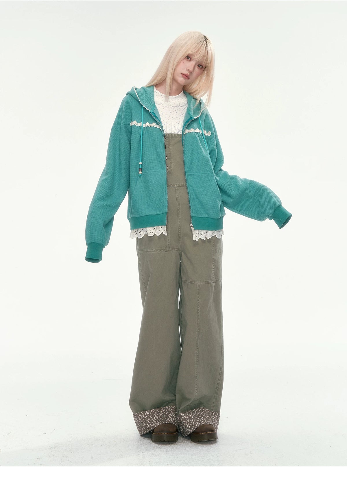 [CAN] Olive Green Floral-Trim Cargo Overalls