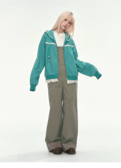 [CAN] Olive Green Floral-Trim Cargo Overalls