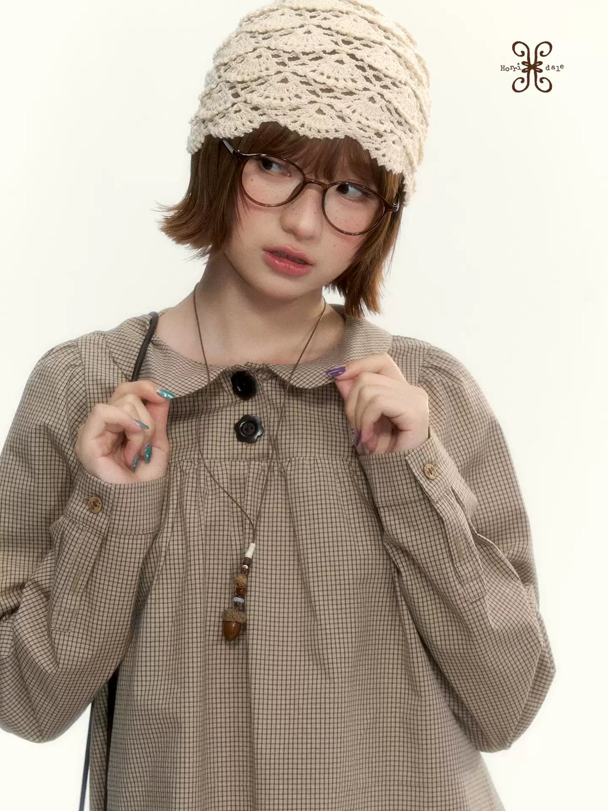 "The Vintage Darling" Light Coffee Plaid Cotton Peter Pan Collar Blouse