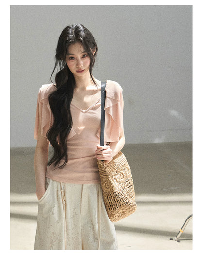 "Where Clouds Fall" Ruffle Sleeve V-Neck Crop Top (Forest Green/ Sage Gray/ Misty Blue/ Cinnamon Pink)