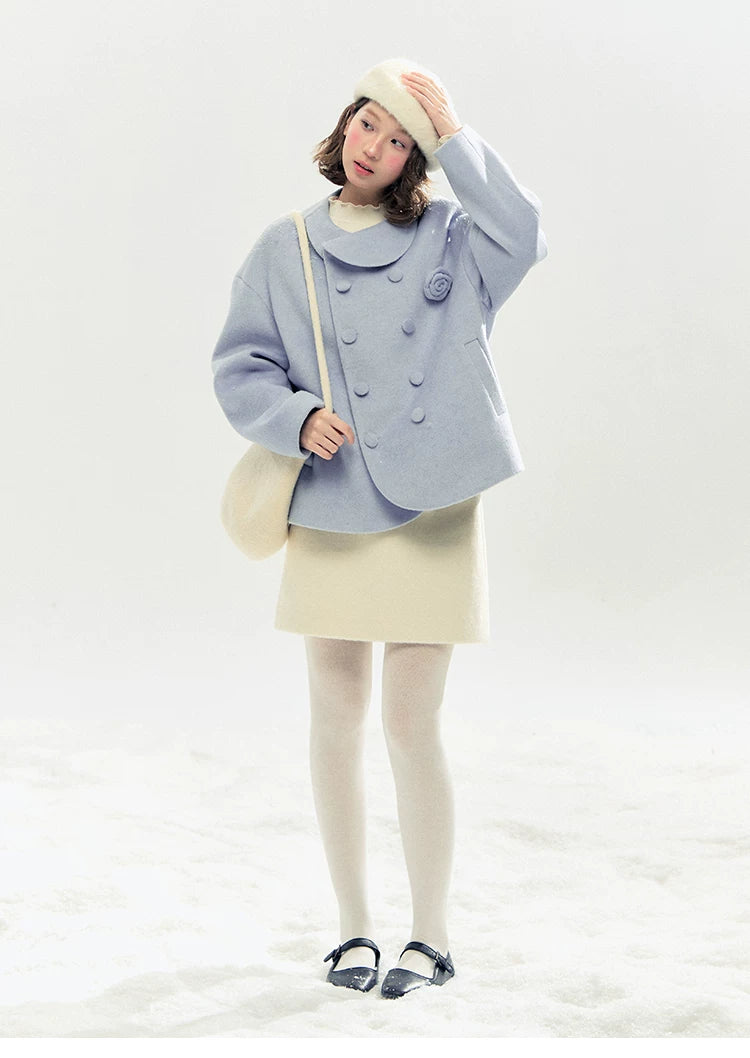 "Morning Mist" A-Line Wool-Blend Mini Skirt (Mist Gray/ Cream Beige)