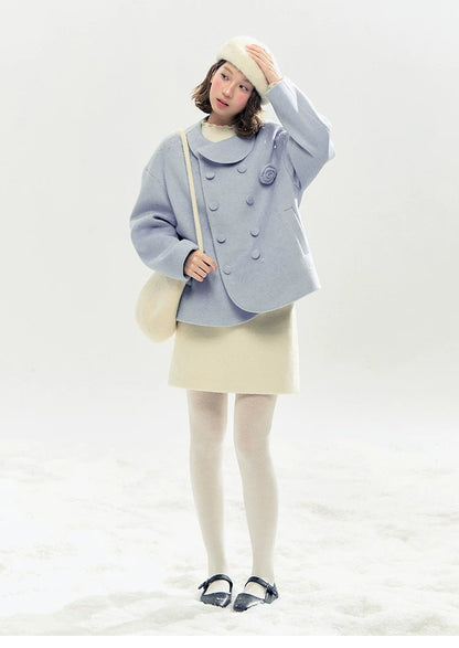 "Morning Mist" A-Line Wool-Blend Mini Skirt (Mist Gray/ Cream Beige)