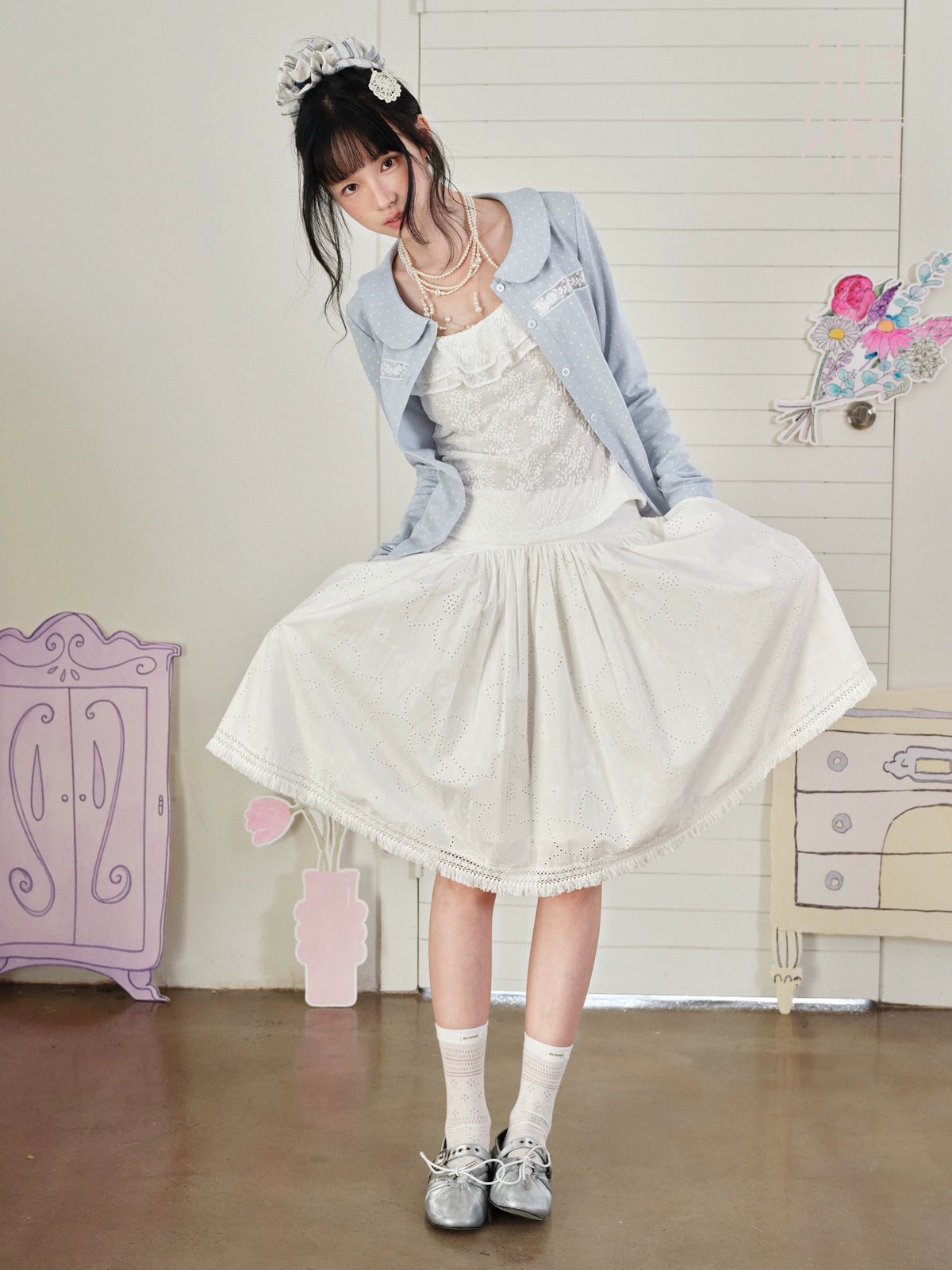 DAILY ARTIST - Light Blue Polka-Dot Peter Pan Collar Cardigan & Lace Cami Set