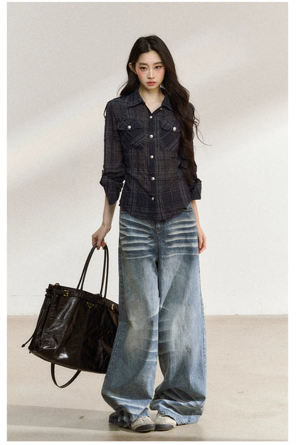 JN's DESIGN - Plaid Adjustable-Waist Long-Sleeve Shirt