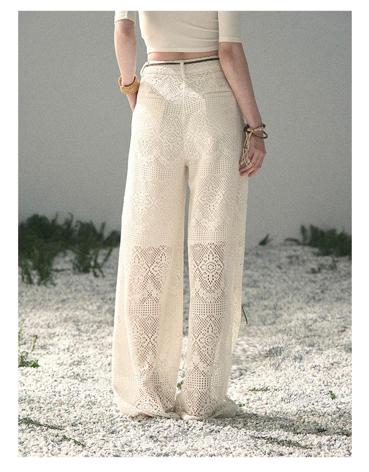 “Wandering Here” Milk Apricot Openwork Wide-Leg Pants
