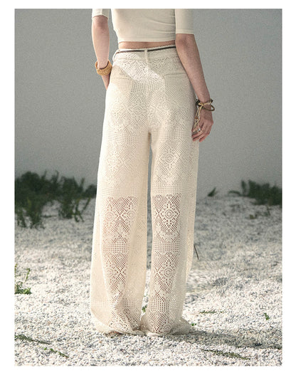 “Wandering Here” Milk Apricot Openwork Wide-Leg Pants