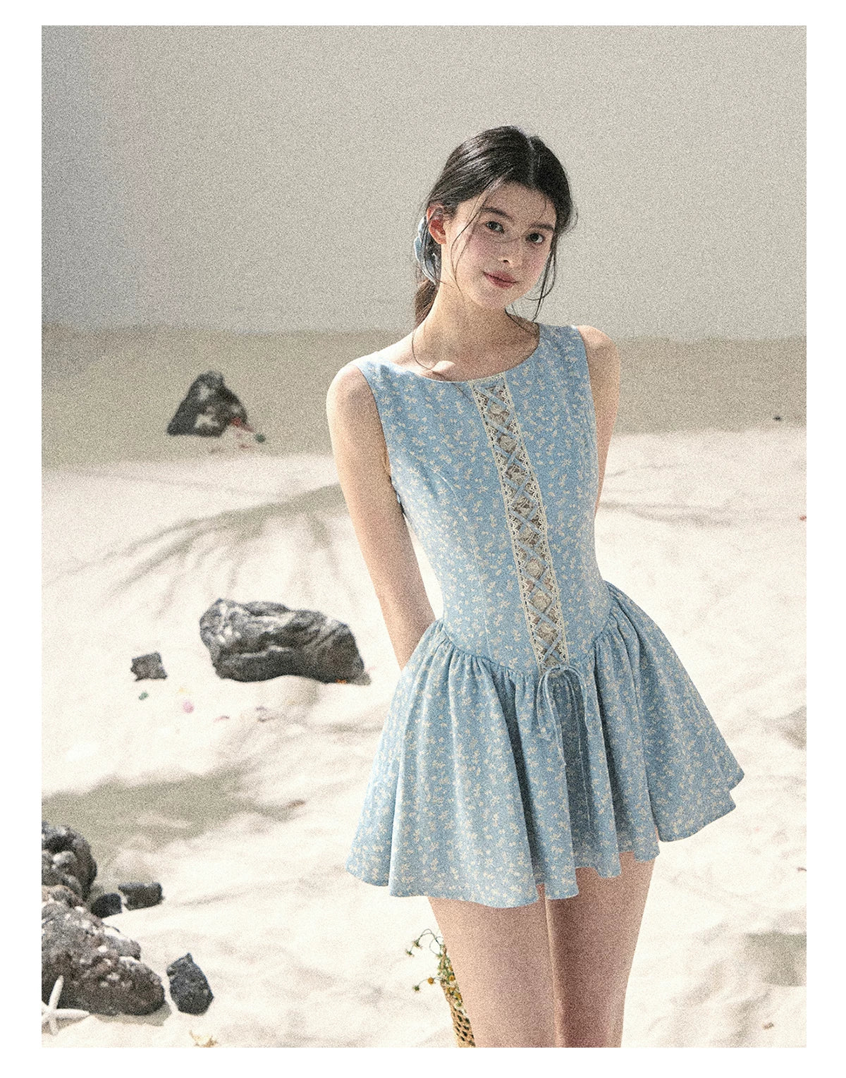 "Sage Summer" Haze Blue Lace Floral Puff Mini Dress