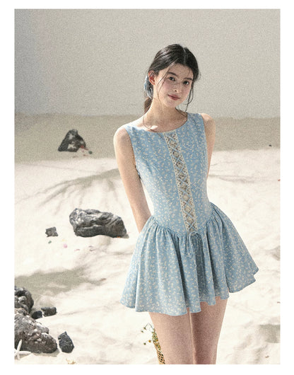 "Sage Summer" Haze Blue Lace Floral Puff Mini Dress