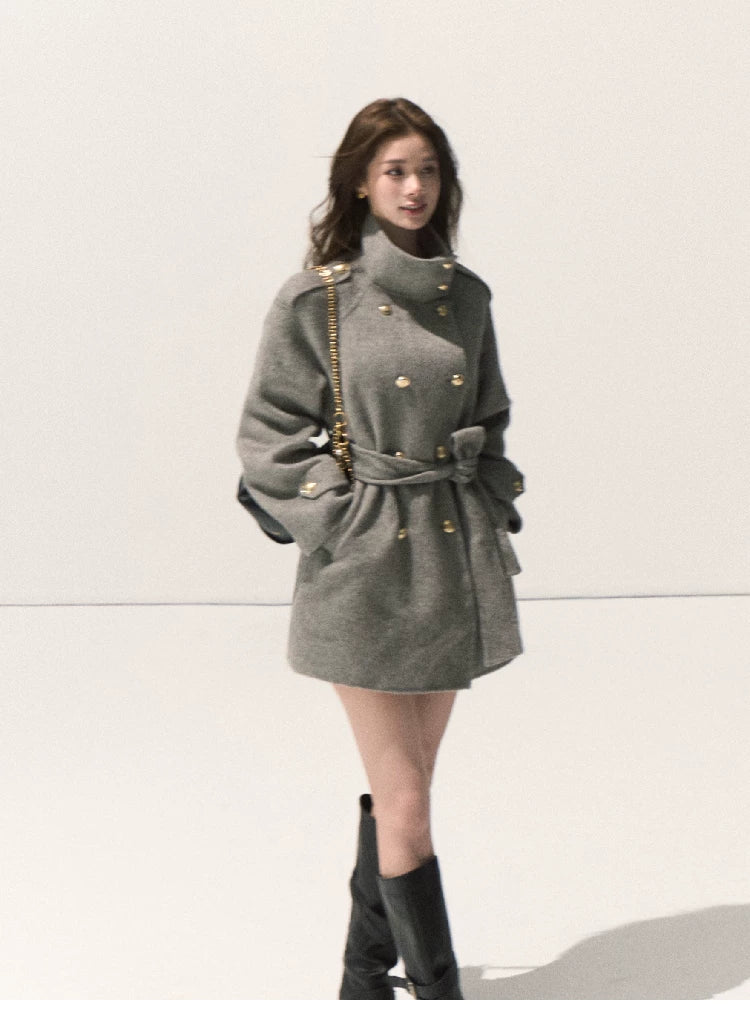 OAKMOO/ Pure Wool Belted Double-Faced Stand Collar Coat (Silver Blue / Flint Gray)