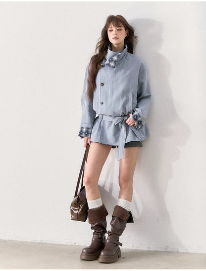 [TMMG] French Stand Collar Reversible Plaid Waist-Cinched Trench Coat (Morning Mist Blue)