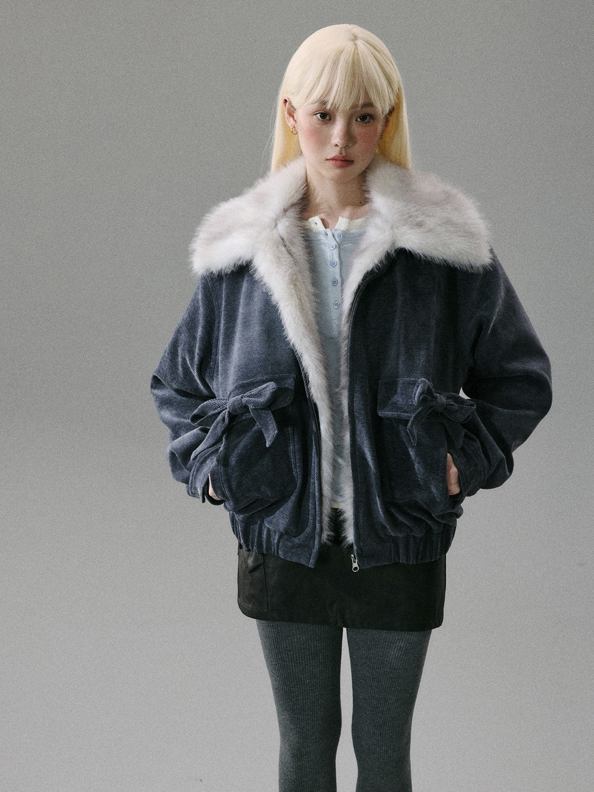 “Mist Lily Glow” Chenille Long-Fur Old Money Jacket - Gray-Blue 8002