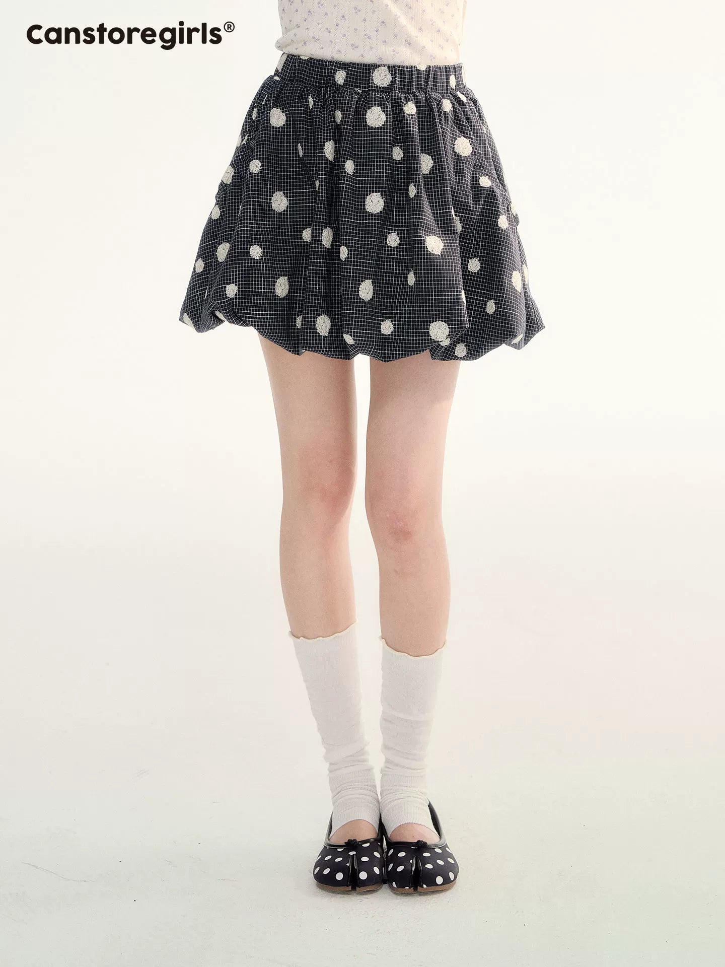 Navy Plaid Flocked Polka Dot Bubble Skirt WW2026070