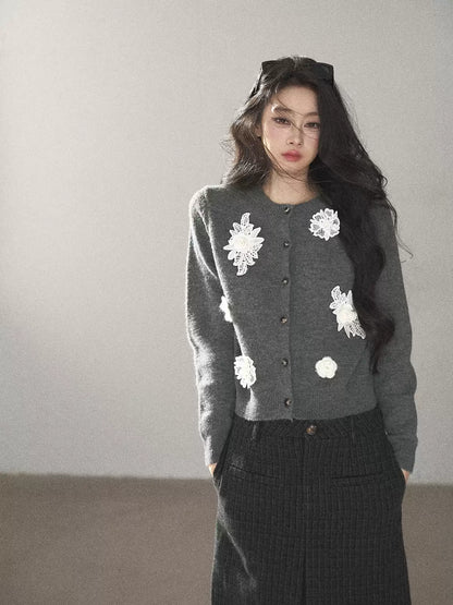 AOMALM - Paris Gray 3D Flower Knit Cardigan