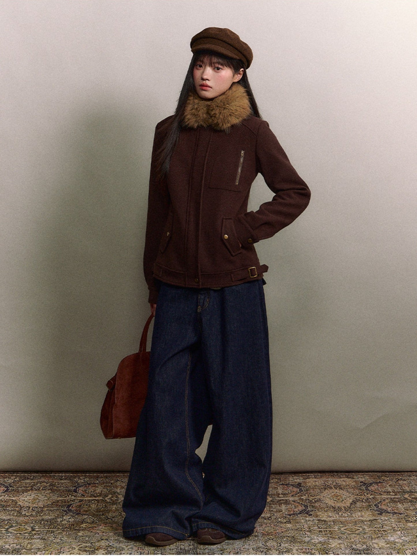 Soote Season - "Deep Roast" Twill Wool Fur-Collar Cinched Jacket