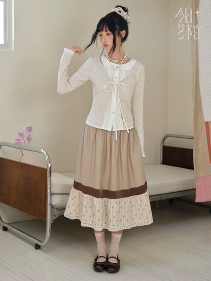 DAILY ARTIST - Warm Beige Faux-Layer Doll-Collar Tie Cardigan