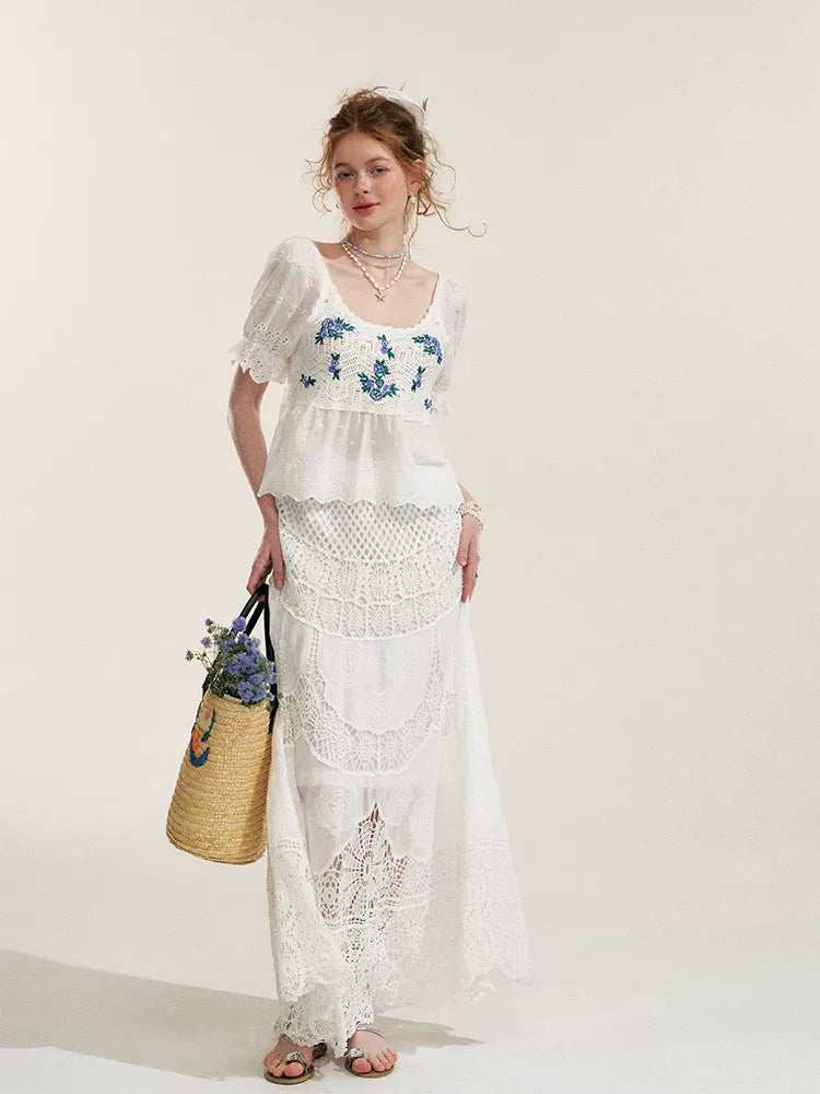 White Floral Embroidery Crochet-Detail Blouse