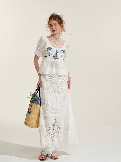 White Floral Embroidery Crochet-Detail Blouse