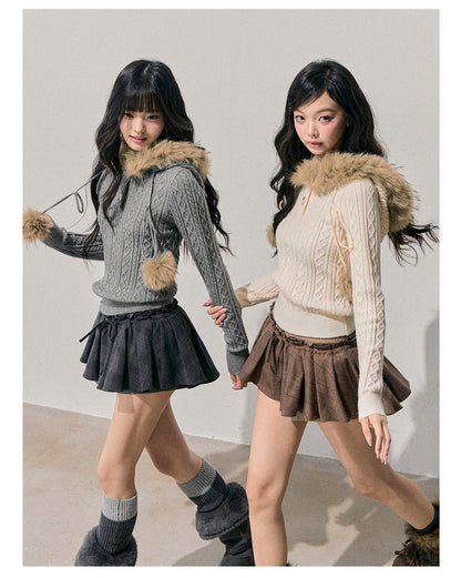 少也眼 “Traces of Melting Snow” Korean-Style Plush Hooded Cable Knit Sweater