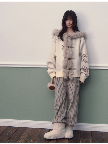 Soote Season - Hooded Star Jacquard Knit Cardigan with Faux Fur Collar - Cream White