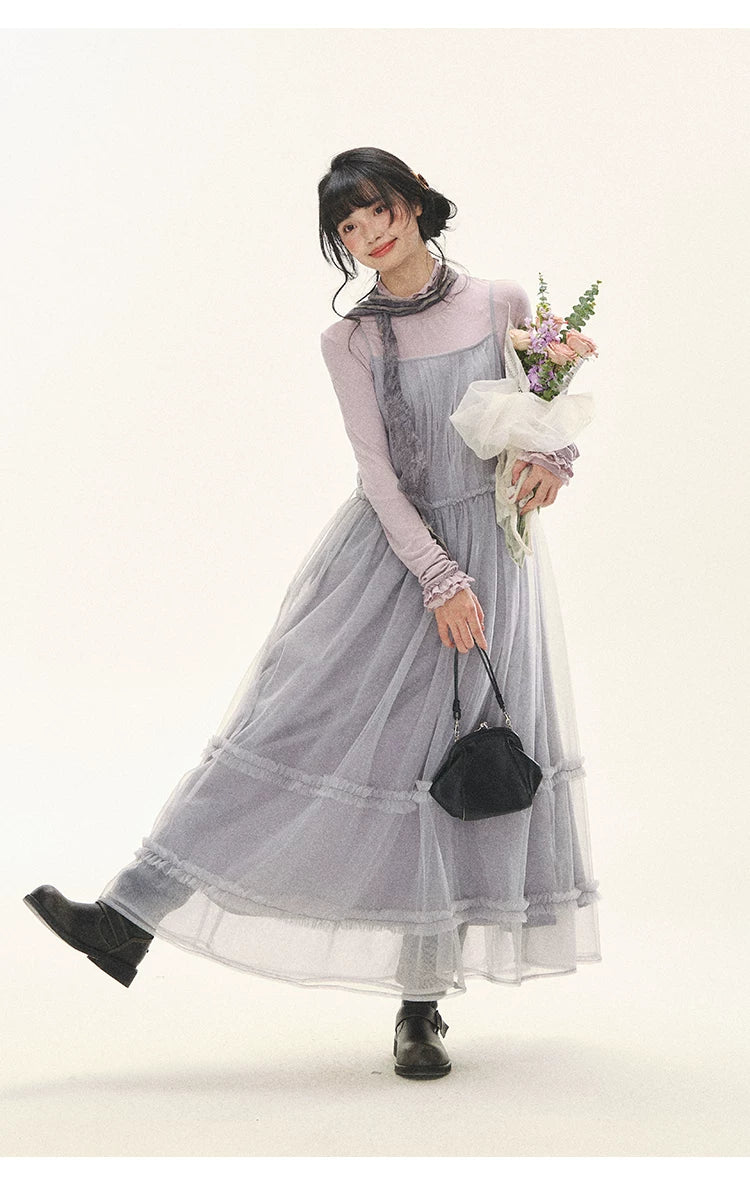 "Morning Veil" Morning Mist Purple Tiered Mesh Slip Midi Dress