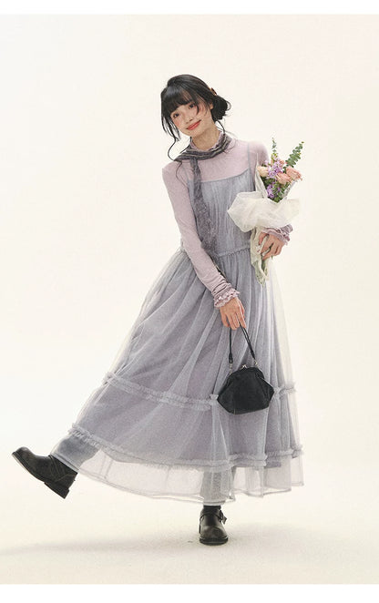 "Morning Veil" Morning Mist Purple Tiered Mesh Slip Midi Dress