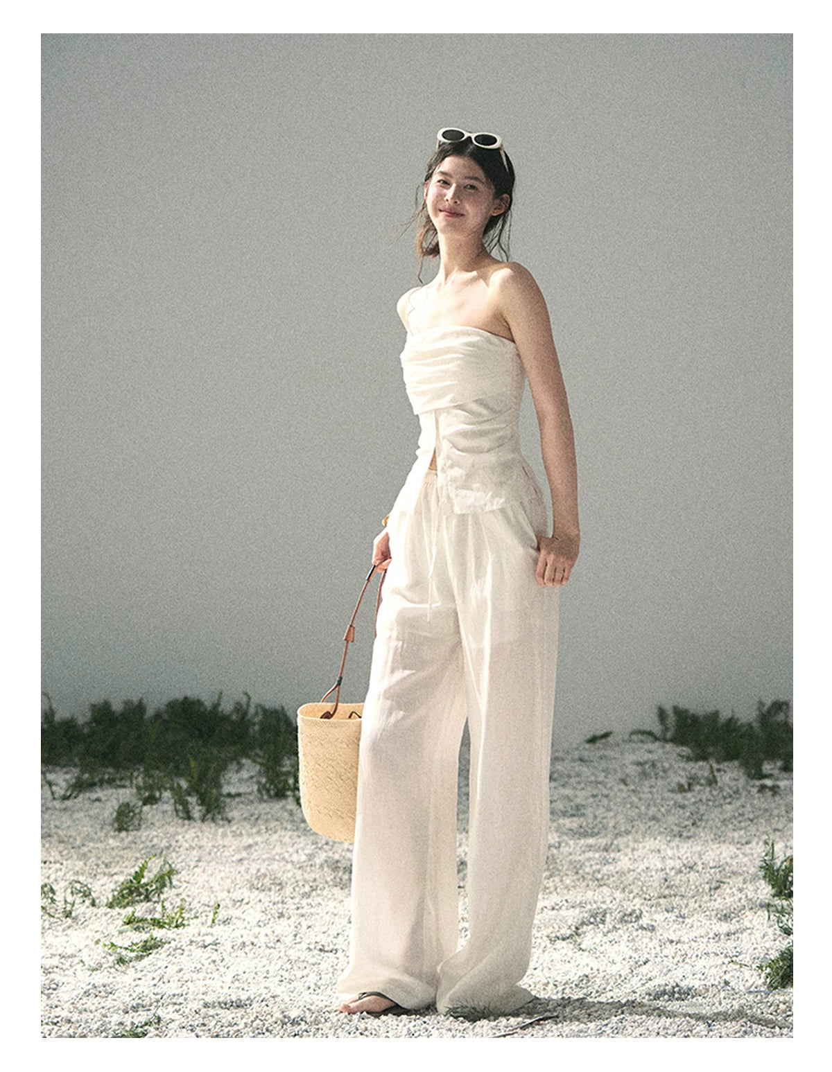 “Breath Across the Shoulders” Natural Beige Layered Bustier Top & Wide-Leg Trousers