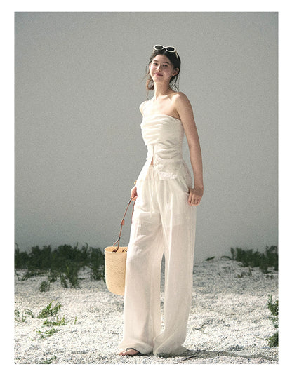 “Breath Across the Shoulders” Natural Beige Layered Bustier Top & Wide-Leg Trousers