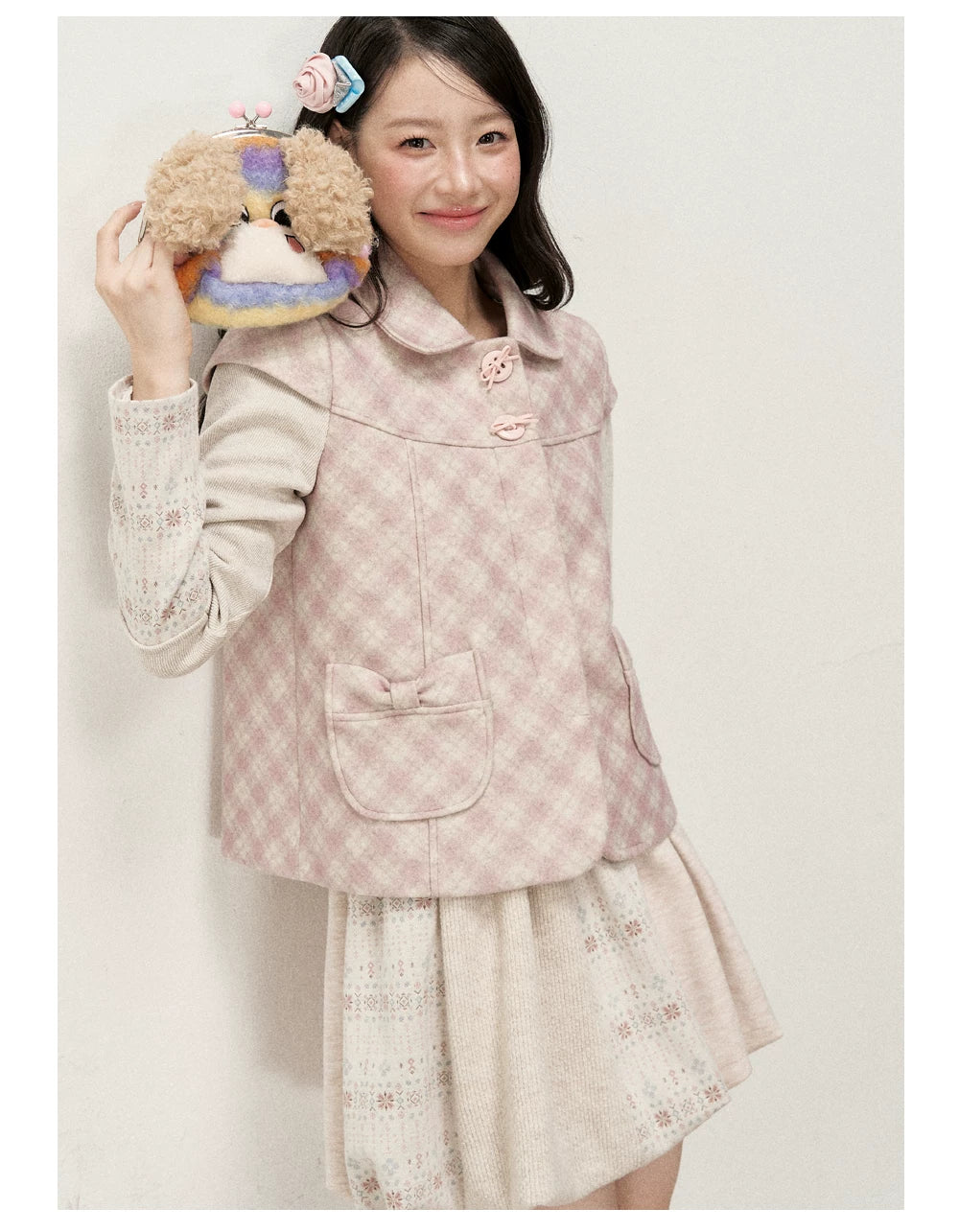 [RF] Pink Gingham Wool Blend Cropped Coat with Peter Pan Collar