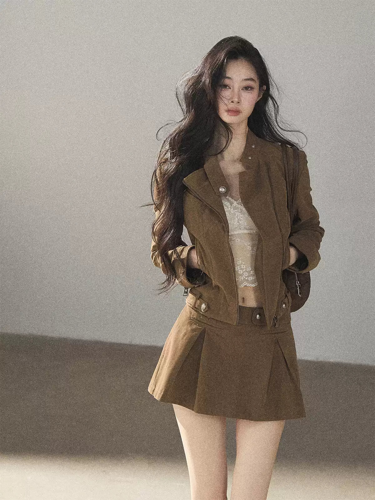 AOMALM - "Olive Autumn" Brown Faux Leather Jacket & Pleated Skirt Set