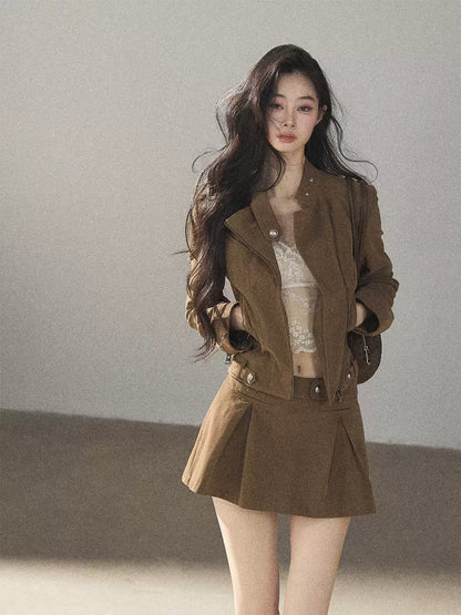 AOMALM - "Olive Autumn" Brown Faux Leather Jacket & Pleated Skirt Set
