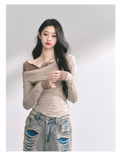 少也眼 "Seoul Toccata" Layered Off-Shoulder Long Sleeve Tee - Khaki 2536486