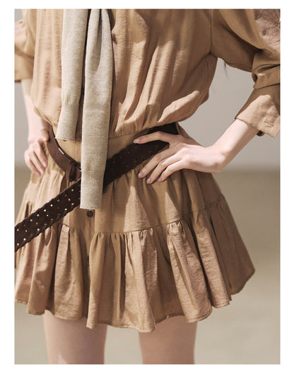 170726 "Through the Golden Wheat Fields" Chestnut Brown Utility Shirt Mini Dress with Belt & Shorts