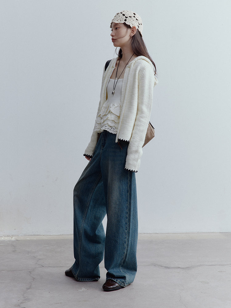 FUSSED Almond Cream Cropped Hooded Knit Jacket with Contrast Shell Embroidery FOF-25SS174