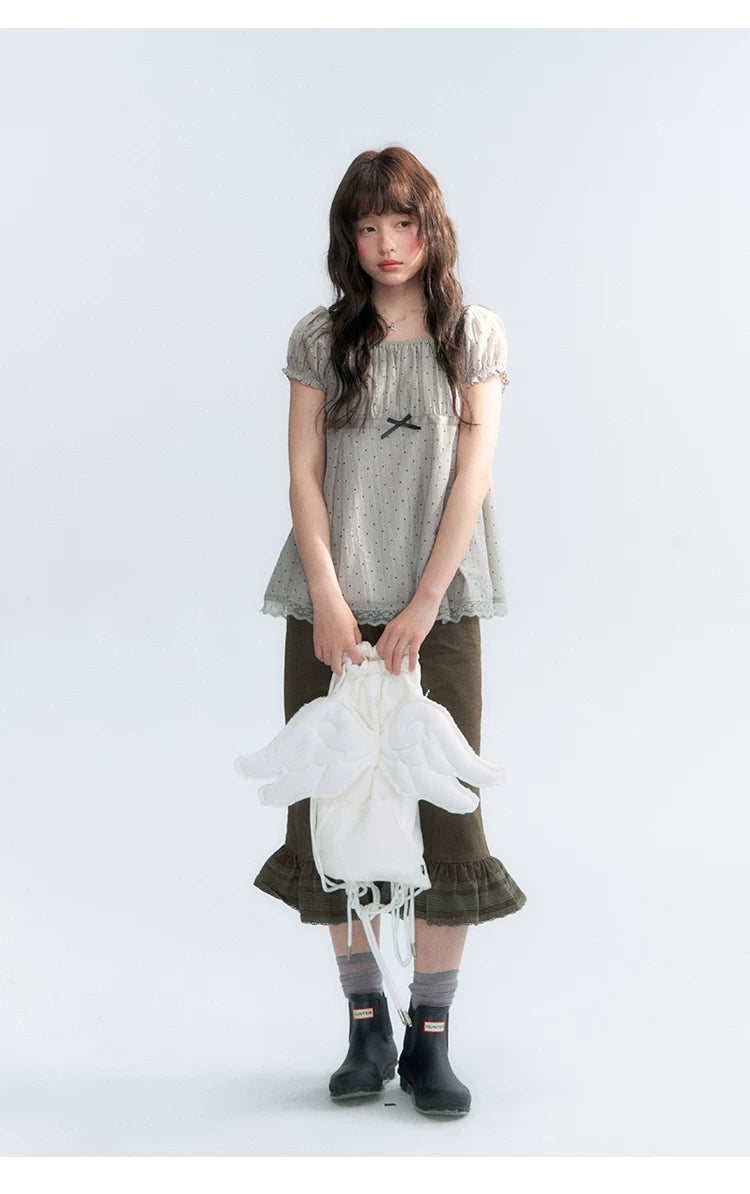 "Polka Dot Constellation" Gray Polka Dot Square Neck Puff Sleeve Top