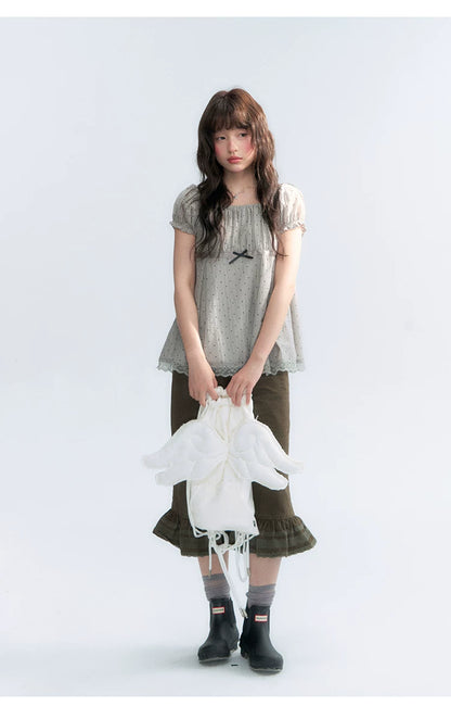 "Polka Dot Constellation" Gray Polka Dot Square Neck Puff Sleeve Top
