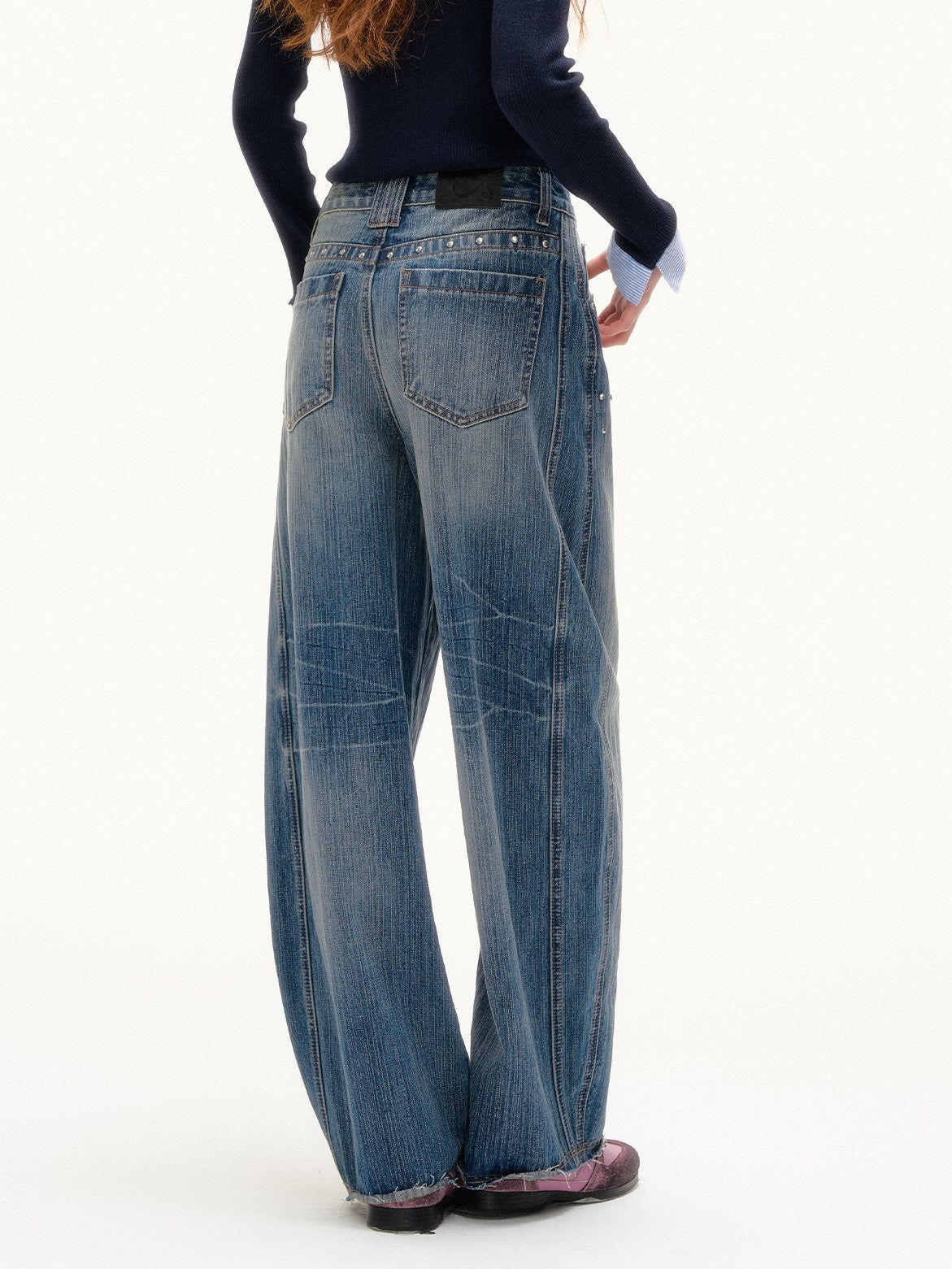 ASGONY - Y2K Studded Curved-Cut Wide Leg Jeans