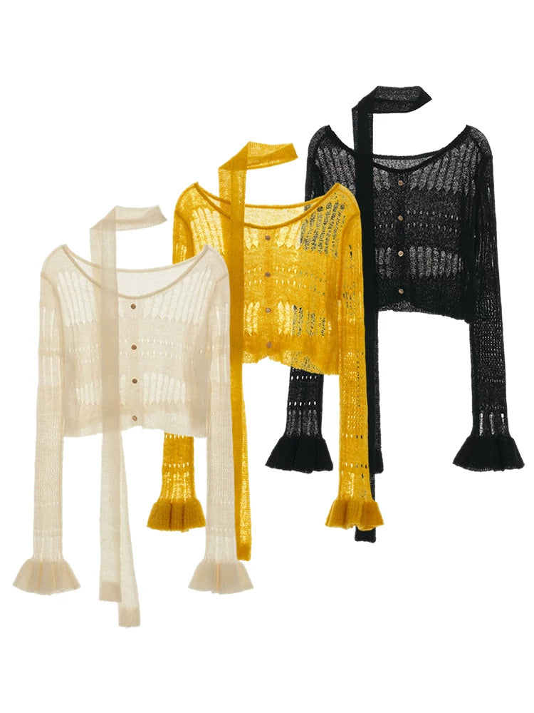 MAMC - Wide-Neck Cutout Cropped Knit Cardigan (Black / Yellow / Beige / Plaid Bra)