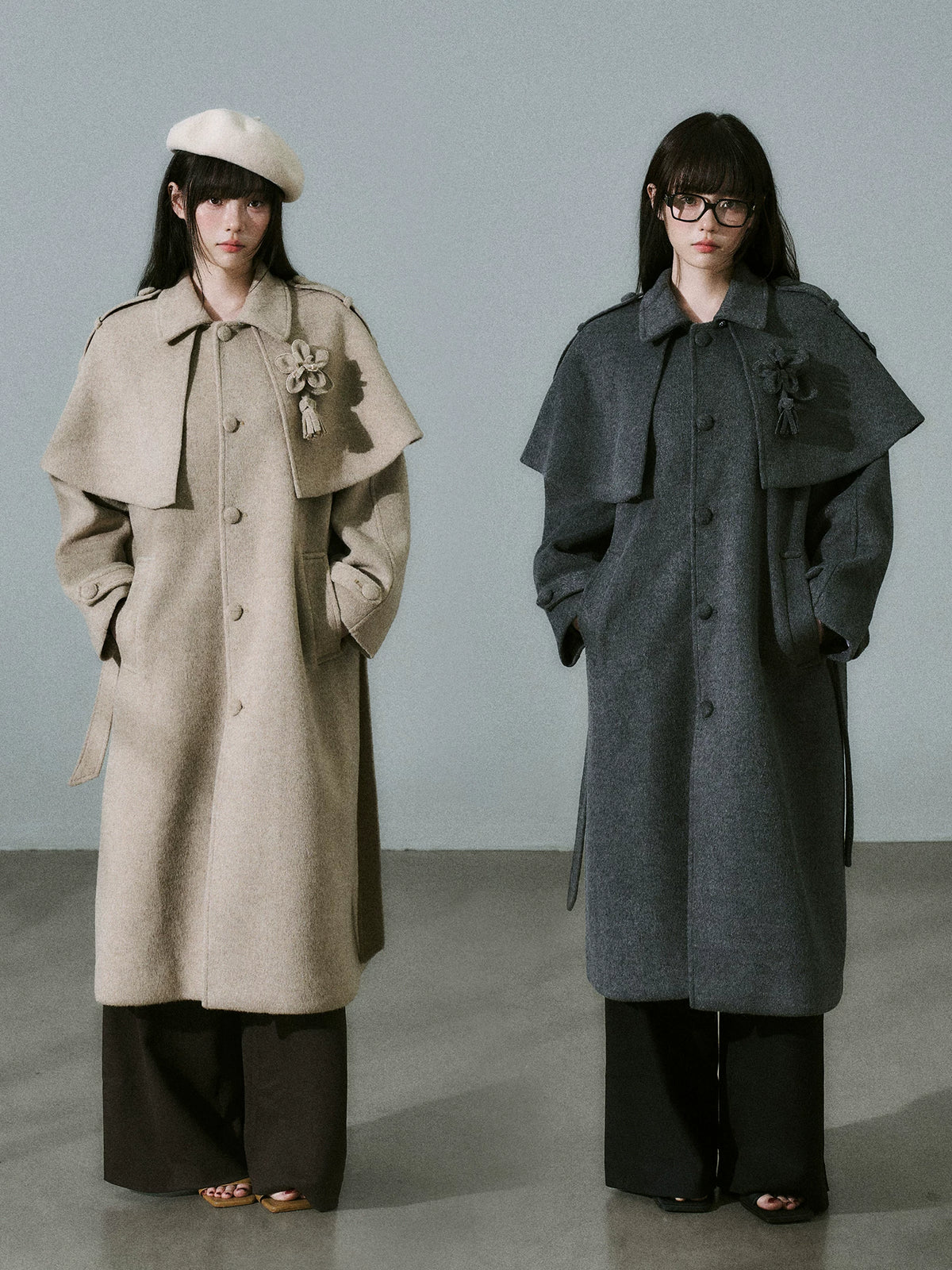 LOST FOREST - Dark Medium Gray Wool-Blend Coat with Detachable Cape & Fringe Flowers