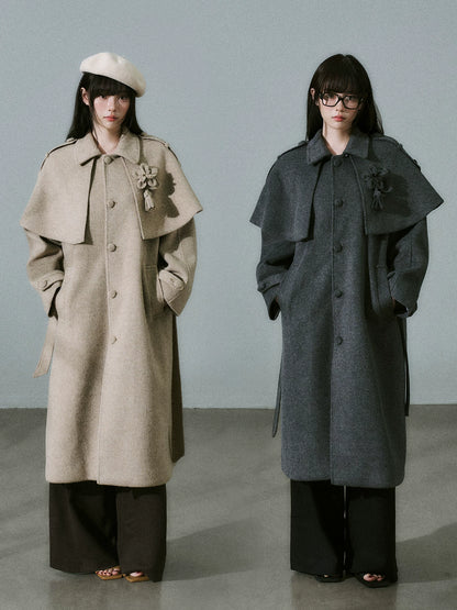 LOST FOREST - Dark Medium Gray Wool-Blend Coat with Detachable Cape & Fringe Flowers