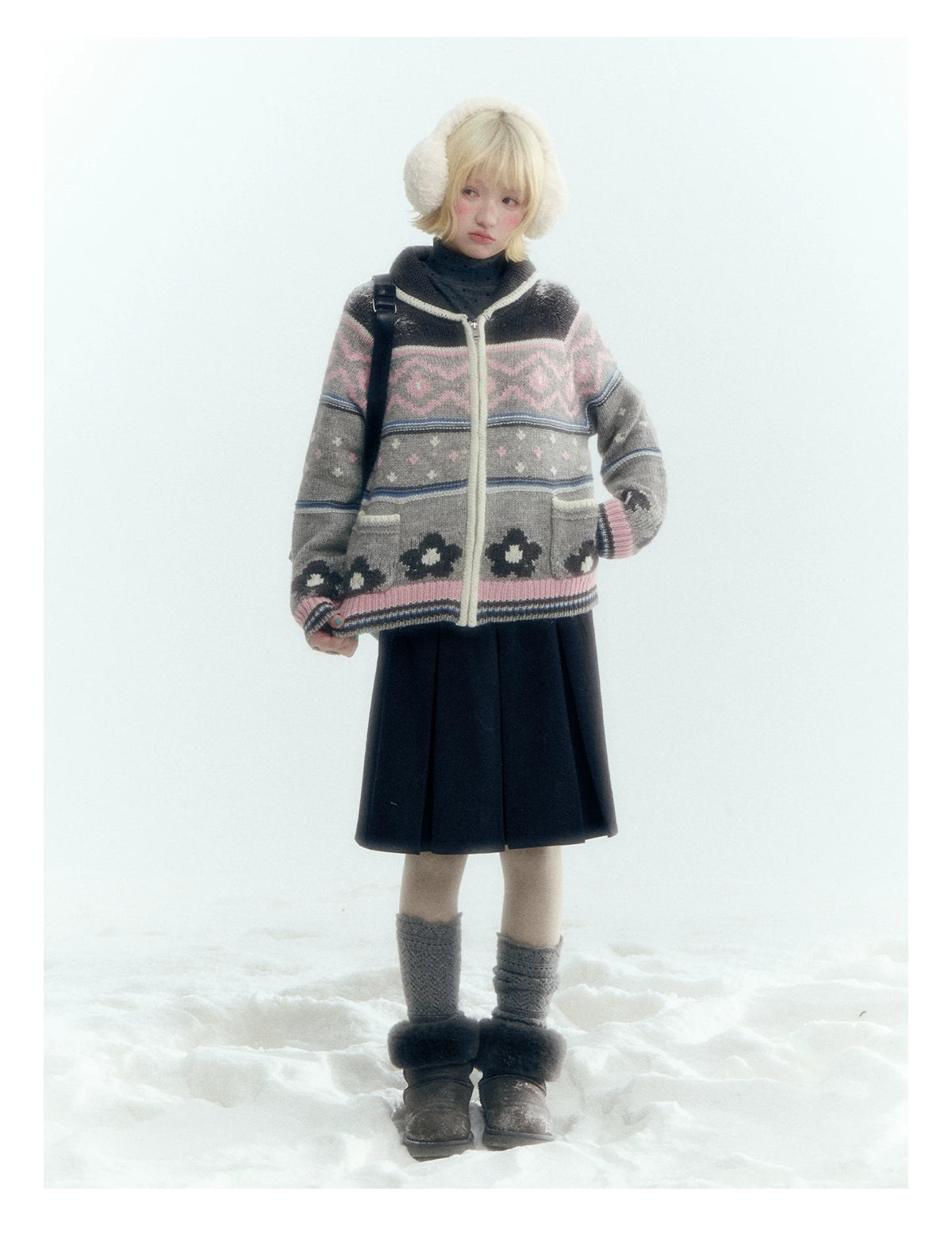 Horridale - Gray Pink Fair Isle Floral Zip-Up Knit Cardigan